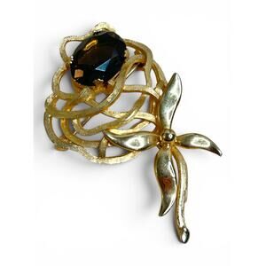 Vintage Brooks Ribbon Floral Pin Large Oval Brown Glass Gold Tone Brooch